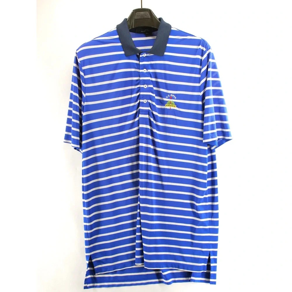 Ralph Lauren RLX Polo Shirt Mens L US Open Merion Golf Club Blue White Striped